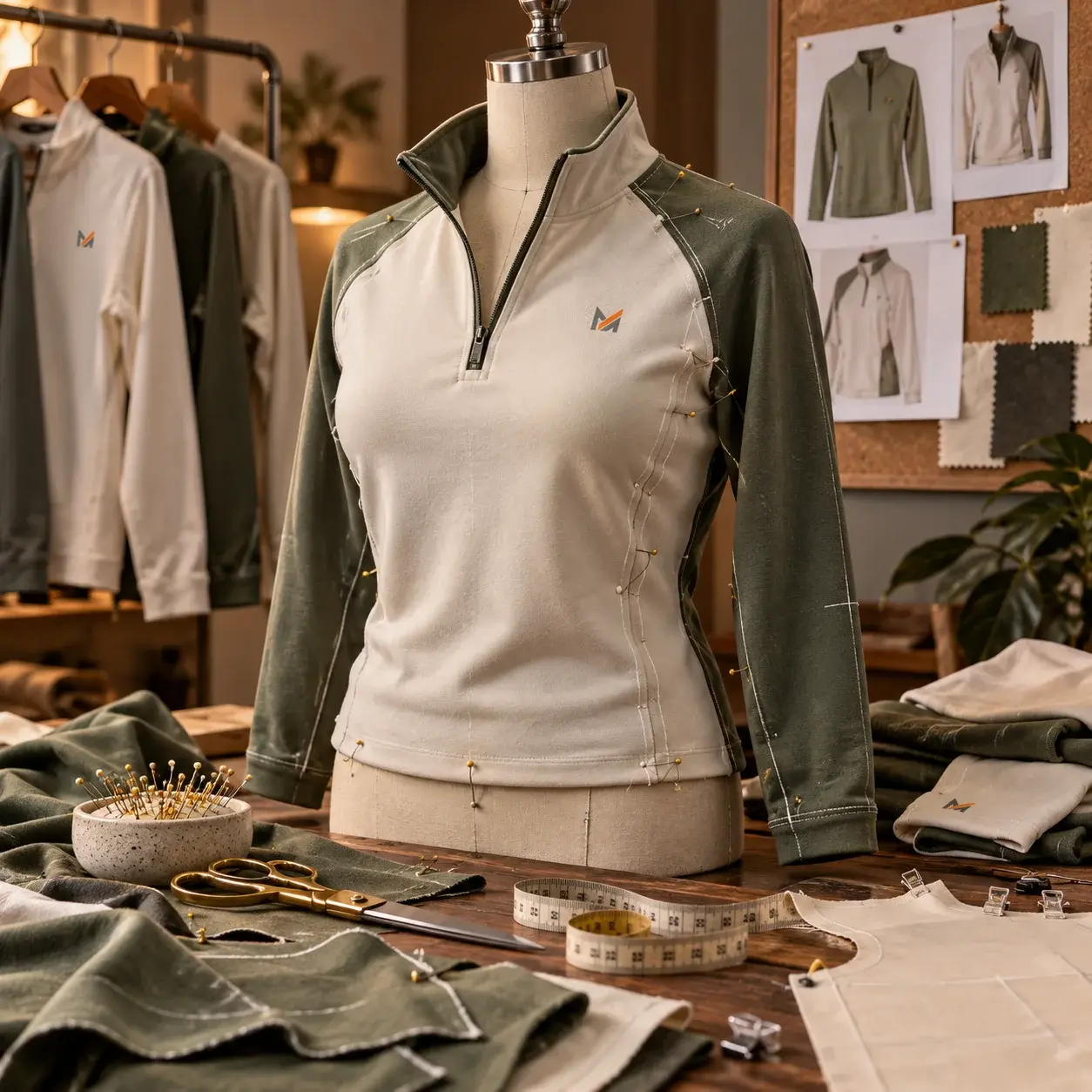 Cream and olive green quarter-zip pullover with Mega Apparel logo displayed on a mannequin, featuring fitting pins, seam adjustments, and chalk markings, surrounded by fabric samples, measuring tape, scissors, and garment patterns in a clothing development studio.